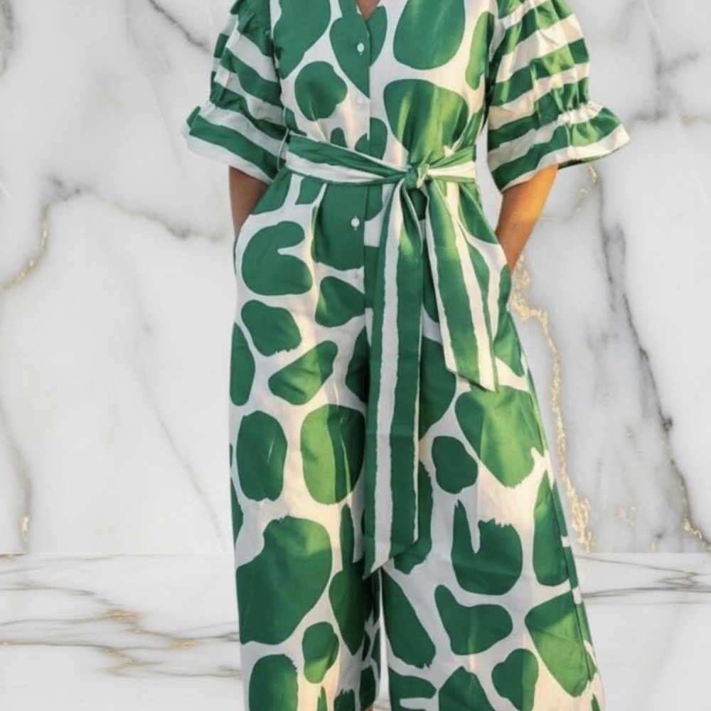 A356 Nancy Modern Boho Green Abstract Print Belted Resort Chic Midi Dress NWT L - Picture 5 of 9